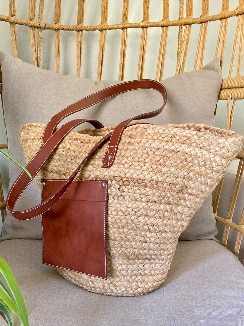 Haute Hippie Large Woven Straw Tote Coastal Boho Market Beach Bag Cognac